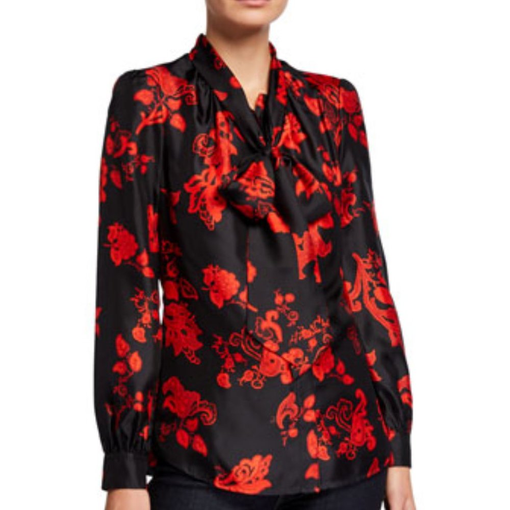 NWOT Tory Burch Black Silk Floral Blouse Size 14
